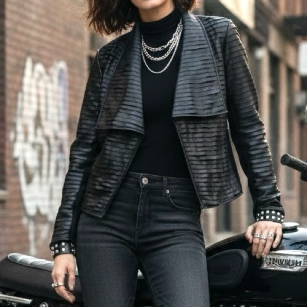 Bylyse Spenard Tiered Cardigan Jacket Vegan Leather Ruffle Front Duster Moto
